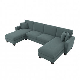 Bush Furniture Stockton 131inW Sectional Couch With Double Chaise Lounge, Turkish Blue Herringbone, Standard Delivery