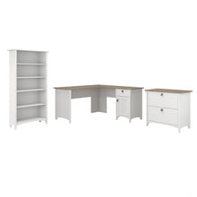 Load image into Gallery viewer, Bush Business Furniture Salinas 60inW L-Shaped Corner Desk With Lateral File Cabinet And 5-Shelf Bookcase, Shiplap Gray/Pure White, Standard Delivery