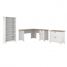 Bush Business Furniture Salinas 60inW L-Shaped Corner Desk With Lateral File Cabinet And 5-Shelf Bookcase, Shiplap Gray/Pure White, Standard Delivery