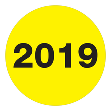 Load image into Gallery viewer, Office Depot Brand 2019 Year Labels, Circle, DL6819, 3in, Fluorescent Yellow, Roll Of 500 Labels