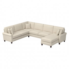 Bush Furniture Hudson 128inW U-Shaped Sectional Couch With Reversible Chaise Lounge, Cream Herringbone Fabric, Standard Delivery