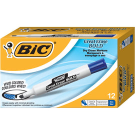 BIC Great Erase Dry-Erase Markers, Chisel Point, White Barrel, Blue Ink, Pack Of 12 Markers