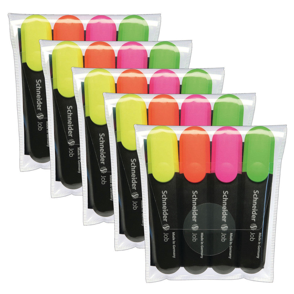 Schneider Job Highlighters, Chisel Tip, 4-Color Assortment (Orange, Green, Pink, Yellow), 5 Packs