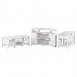 Bush Furniture Key West Tall TV Stand for 55in TV With Coffee Table And End Tables, Pure White Oak, Standard Delivery