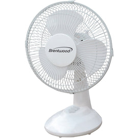 Brentwood Kool Zone F-9DW 9in Oscillating Desk Fan - 228.6 mm Diameter - 2 Speed - Oscillating, Pivoting Head, Carrying Handle, Quiet, Adjustable Tilt Head - White