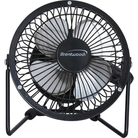 Brentwood Kool Zone F-4BK 4in Desk Fan - 101.6 mm Diameter - Adjustable Tilt Head, Pivot, Quiet Operation, 180 deg. Swing - Black