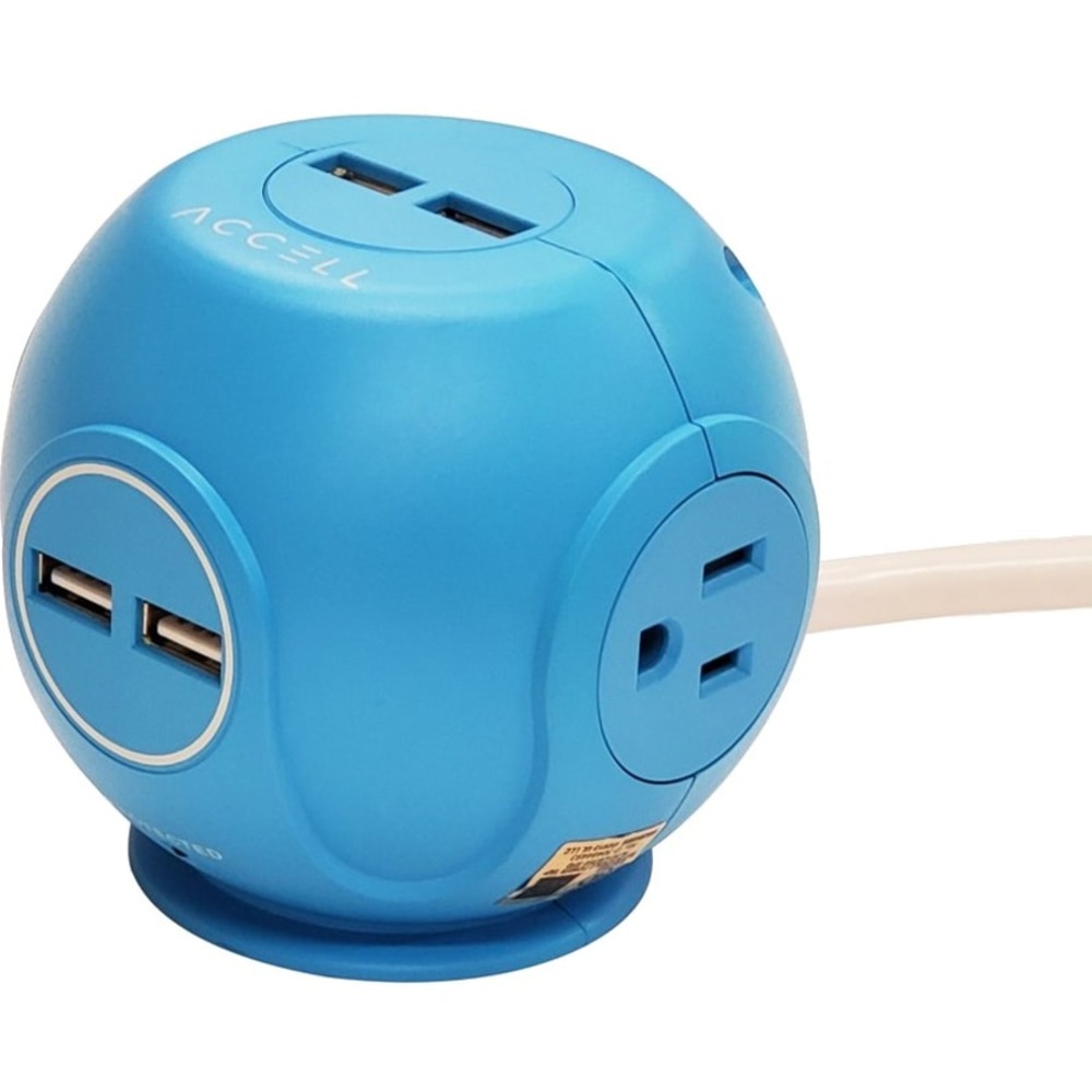 Accell Power Cutie - Compact surge protector with 3 540J surge protected AC outlets and 4 USB-A charging ports, 6ft cord, blue - 3 x AC Power, 4 x USB - 1800 VA - 540 J - 120 V AC Input - 6 ft