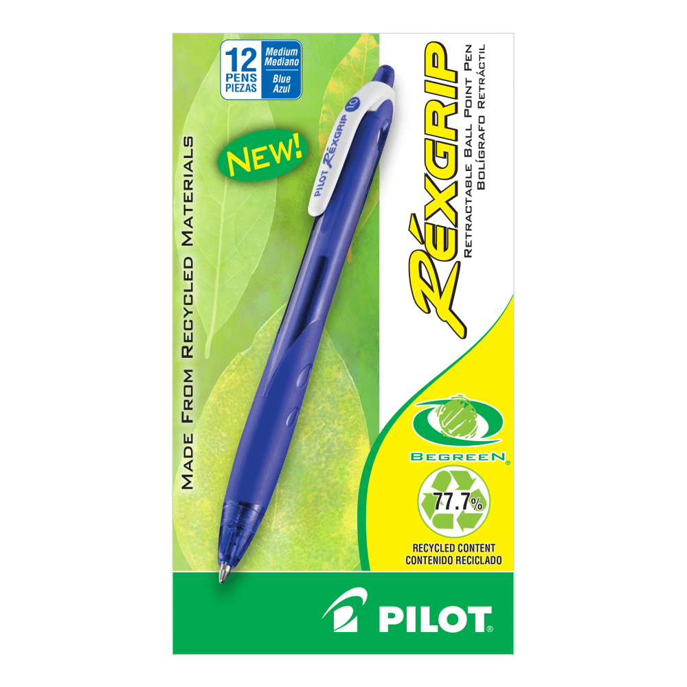 Pilot Rexgrip BeGreen Retractable Ballpoint Pens, Medium Point, 1.0 mm, Blue Barrel, Blue Ink, Pack Of 12 Pens