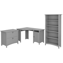 Load image into Gallery viewer, Bush Business Furniture Salinas 55inW Corner Desk With Lateral File Cabinet And 5 Shelf Bookcase, Cape Cod Gray, Standard Delivery
