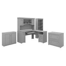 Load image into Gallery viewer, Bush Furniture Fairview 60inW L-Shaped Desk With Hutch, Storage Cabinets And 5-Shelf Bookcase, Cape Cod Gray, Standard Delivery