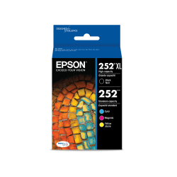 Epson 252XL Black/252 DuraBrite Cyan; Magenta; Yellow High-Yield/Standard Yield Ink Cartridges, Pack Of 4, T252XL-BCS