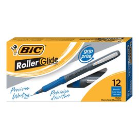 BIC Grip Roller Pens, Pack Of 12, Micro Point, 0.5 mm, Blue/Nickel Silver Barrel, Blue Ink