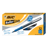 BIC Grip Roller Pens, Pack Of 12, Micro Point, 0.5 mm, Blue/Nickel Silver Barrel, Blue Ink