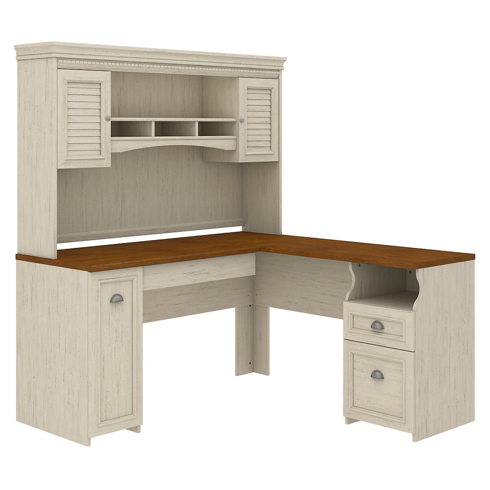 Bush Business Furniture Fairview 60inW L-Shaped Corner Desk With Hutch, Antique White/Tea Maple, Standard Delivery