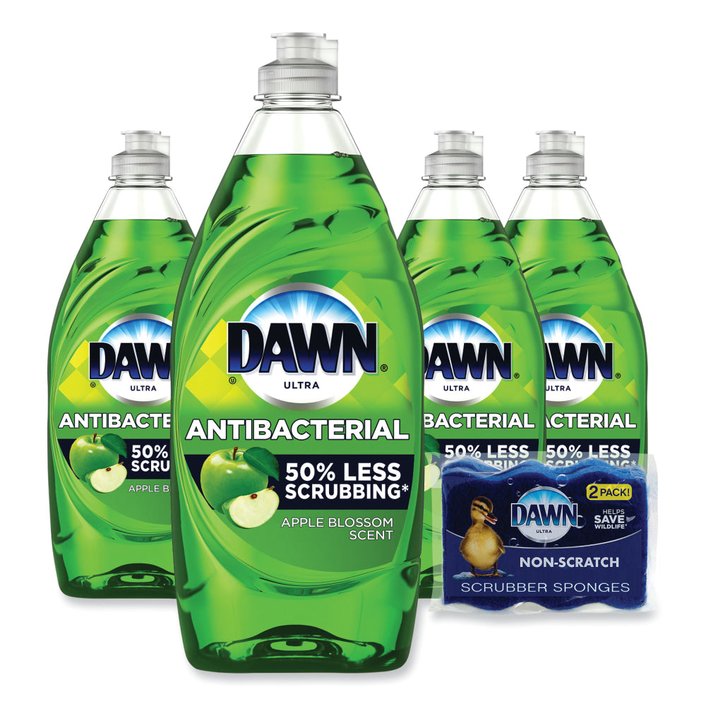 Dawn Ultra Antibacterial Dishwashing Liquid, Apple Blossom Scent, 19.4 Oz, Carton Of 4 Bottles/2 Sponges