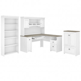 Bush Furniture Fairview 60inW L-Shaped Desk With Hutch, Storage Cabinet With Drawer And 5-Shelf Bookcase, Shiplap Gray/Pure White, Standard Delivery