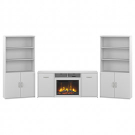 Bush Business Furniture Studio C 73inH Bookcase Set With Electric Fireplace TV Stand, White, Standard Delivery