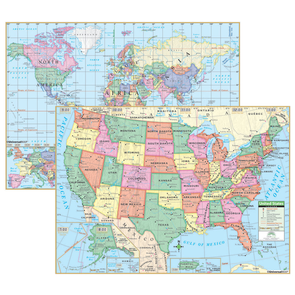 Kappa Map Group US/World Primary Deskpad Maps, 13in x 18in, Pack Of 5 Maps