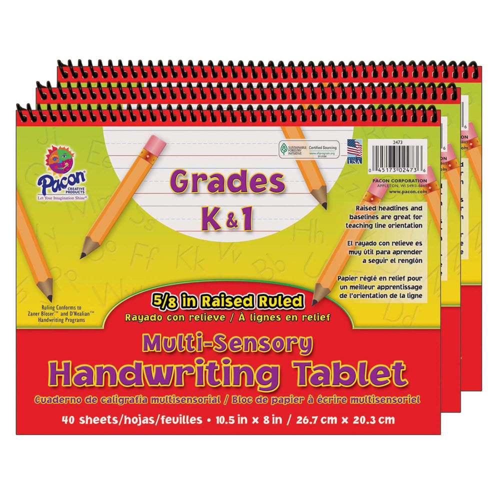 Pacon Multi-Sensory Raised Ruled Tablets, 10-1/2in x 8in, Multicolor, 40 Sheets, Pack Of 3 Tablets