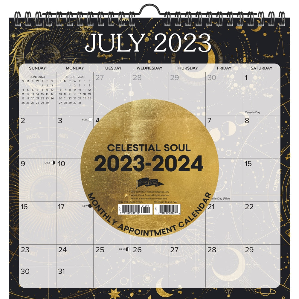 2023-2024  Willow Creek Press Monthly At A Glance Spiral Wall Art Calendar, 12in x 12in, Celestial Soul, July 2023 To June 2024