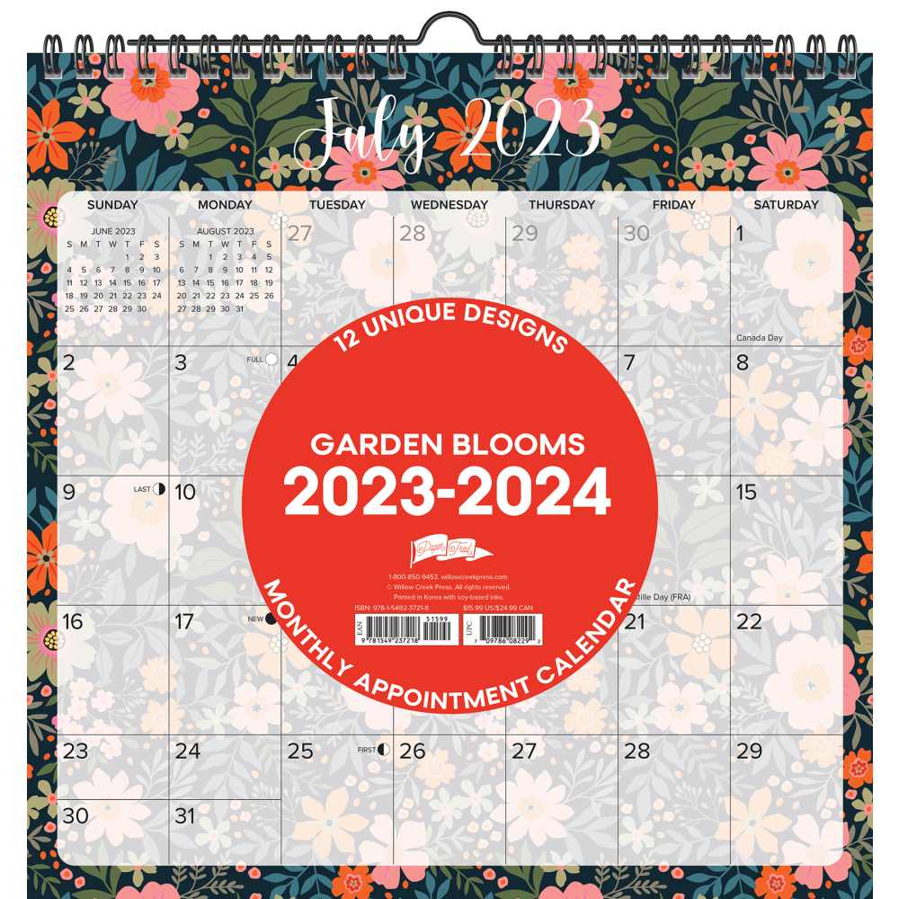 2023-2024 Willow Creek Press Monthly At A Glance Spiral Wall Art Calendar, 12in x 12in, Garden Blooms, July 2023 To June 2024
