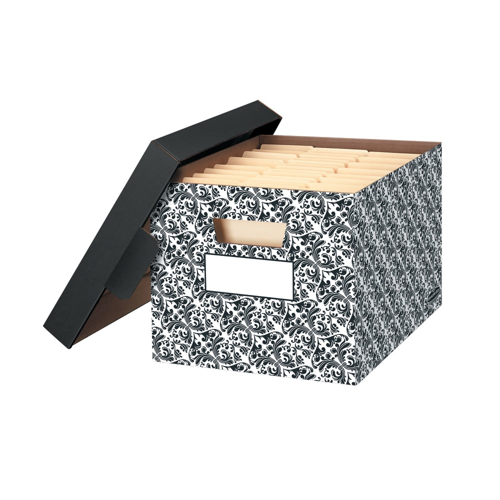 Bankers Box Decorative Medium-Duty Storage Boxes With Locking Lift-Off Lids And Built-In Handles, Letter/Legal Size, 15in x 12in x 10in, Black/White Brocade, Case Of 4