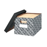 Bankers Box Decorative Medium-Duty Storage Boxes With Locking Lift-Off Lids And Built-In Handles, Letter/Legal Size, 15in x 12in x 10in, Black/White Brocade, Case Of 4