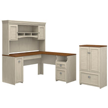 Load image into Gallery viewer, Bush Furniture Fairview 60inW L Shaped Desk With Hutch And Storage Cabinet With Drawer, Antique White/Tea Maple, Standard Delivery