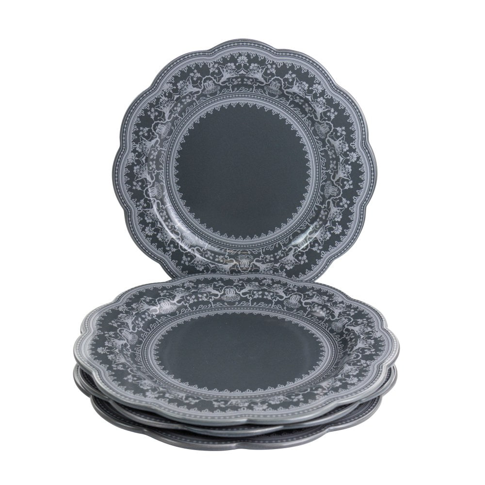 Gibson Elite Medallion 4-Piece Stoneware Scalloped Dinner Plate Set, 10-5/8in, Gray