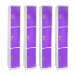Alpine Large 3-Tier Steel Lockers, 72inH x 12inW x 12inD, Purple, Pack Of 4 Lockers