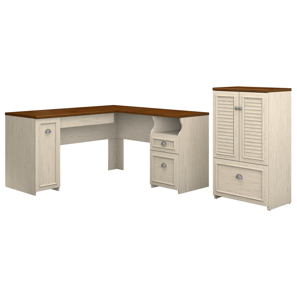 Bush Business Furniture Fairview 60inW L-Shaped Corner Desk And Storage Cabinet With Drawer, Antique White/Tea Maple, Standard Delivery
