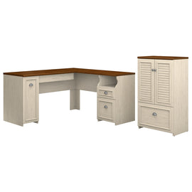 Bush Business Furniture Fairview 60inW L-Shaped Corner Desk And Storage Cabinet With Drawer, Antique White/Tea Maple, Standard Delivery