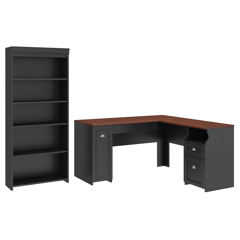 Bush Business Furniture Fairview 60inW L-Shaped Corner Desk With 5-Shelf Bookcase, Antique Black, Standard Delivery