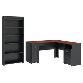 Bush Business Furniture Fairview 60inW L-Shaped Corner Desk With 5-Shelf Bookcase, Antique Black, Standard Delivery