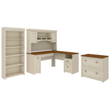 Load image into Gallery viewer, Bush Business Furniture Fairview 60inW L-Shaped Corner Desk With Hutch, Lateral File Cabinet And 5-Shelf Bookcase, Antique White, Standard Delivery