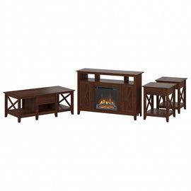 Bush Furniture Key West Tall Electric Fireplace TV Stand With Coffee Table And End Tables, Bing Cherry, Standard Delivery