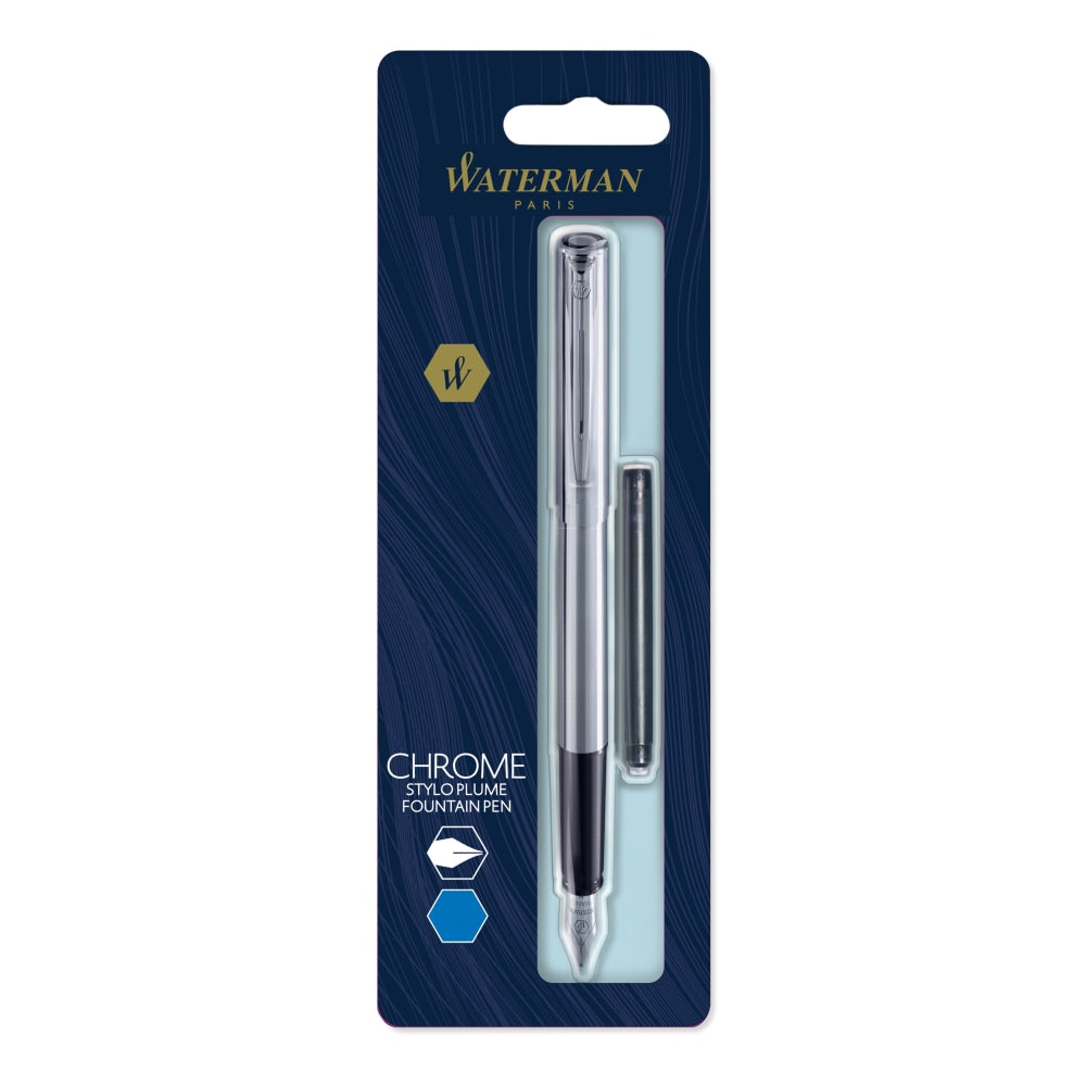 Waterman Allure Fountain Pen, Fine Point, 0.5 mm, Chrome Barrel, Blue Ink