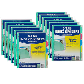 C-Line 5-Tab Poly Index Dividers With Slant Pockets, 8 1/2in x 11in, Assorted Colors, 5 Dividers Per Pack, Set Of 12 Packs