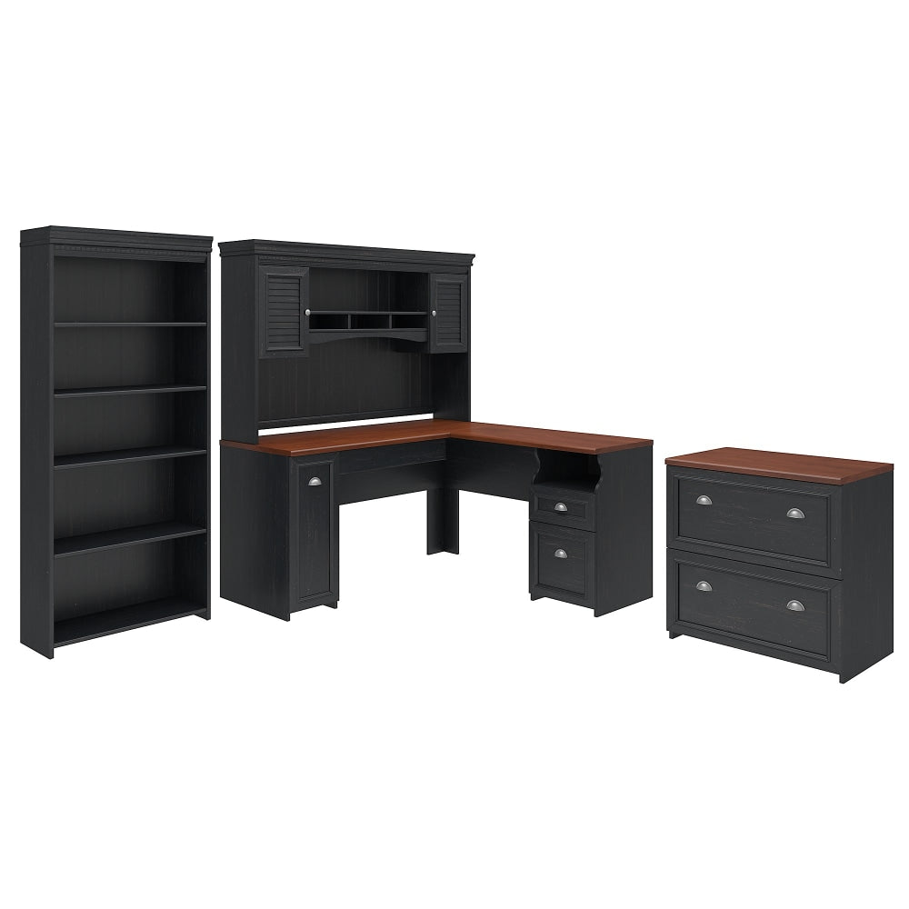 Bush Business Furniture Fairview 60inW L-Shaped Corner Desk With Hutch, Lateral File Cabinet And 5-Shelf Bookcase, Antique Black, Standard Delivery
