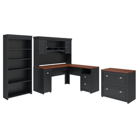Bush Business Furniture Fairview 60inW L-Shaped Corner Desk With Hutch, Lateral File Cabinet And 5-Shelf Bookcase, Antique Black, Standard Delivery