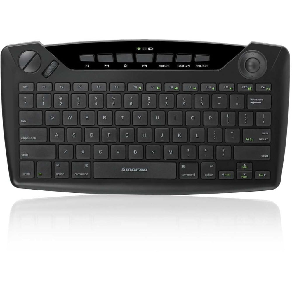 IOGEAR Wireless Smart TV Keyboard with Optical Trackball - Wireless Connectivity - RF - 35 ft - 2.40 GHz - USB Interface Left Mouse, Right Mouse, Scrolling Hot Key(s) - QWERTY Layout - Smart TV, Gaming Console - Trackball - PC, Mac
