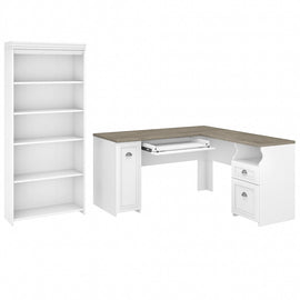 Bush Business Furniture Fairview 60inW L-Shaped Corner Desk With 5-Shelf Bookcase, Shiplap Gray/Pure White, Standard Delivery