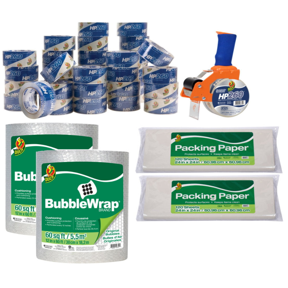 Duck Brand BladeSafe Tape Gun & 36 Rolls Of 120ft Bubble Wrap Packaging Bundle, Clear