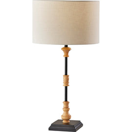 Adesso Fremont Table Lamp, 25-1/2inH, Off-White Shade/Black & Natural Wood Base