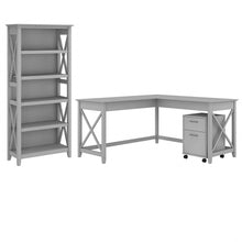 Load image into Gallery viewer, Bush Business Furniture Key West 60inW L-Shaped Corner Desk With 2-Drawer Mobile File Cabinet And 5-Shelf Bookcase, Cape Cod Gray, Standard Delivery