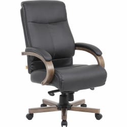 Lorell Bonded Leather High-Back Executive Chair, With Wood frame, Black/Medium Finish