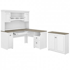 Bush Furniture Fairview 60inW L-Shaped Desk With Hutch And Small Storage Cabinet, Shiplap Gray/Pure White, Standard Delivery