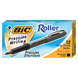 BIC Grip Roller Pens, Microtip Point, 0.5 mm, Gray Barrel, Black Ink, Pack Of 12 Pens