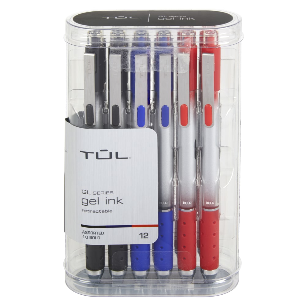 TUL GL Series Retractable Gel Pens, Bold Point, 1.0 mm, Silver Barrel, Assorted Ink Colors, Pack Of 12 Pens
