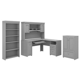 Bush Furniture Fairview 60inW L-Shaped Desk With Hutch, Storage Cabinet With Drawer And 5-Shelf Bookcase, Cape Cod Gray, Standard Delivery
